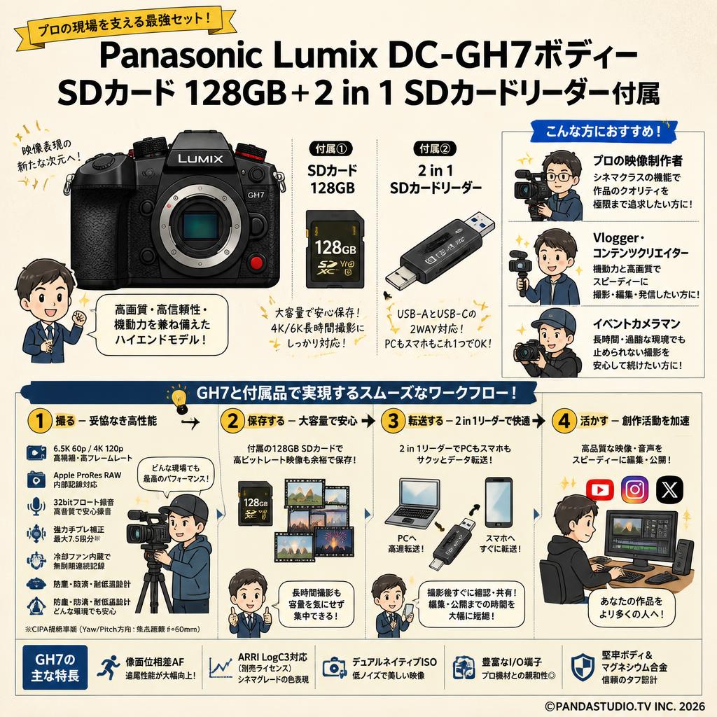 Panasonic Lumix DC-GH7ボディー SDカード 128GB ＋ 2 in 1 SDカードリーダー付属 おもな対象のお客様
