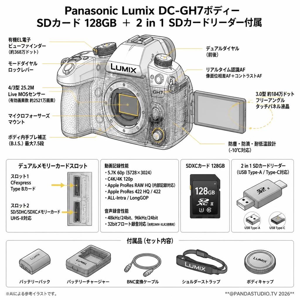 Panasonic Lumix DC-GH7ボディー SDカード 128GB ＋ 2 in 1 SDカードリーダー付属 スペック