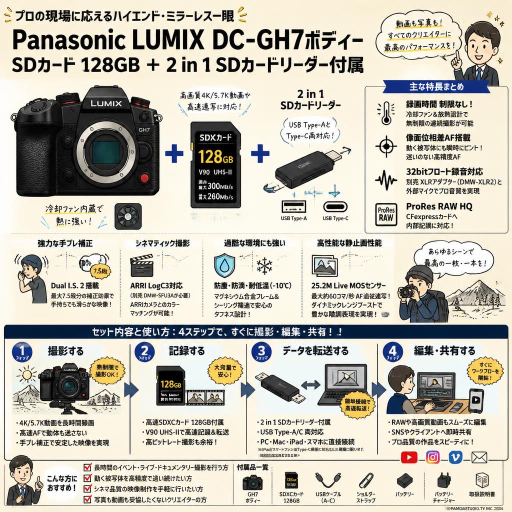 Panasonic Lumix DC-GH7ボディー SDカード 128GB ＋ 2 in 1 SDカードリーダー付属 FAQ（よくある質問と答え）