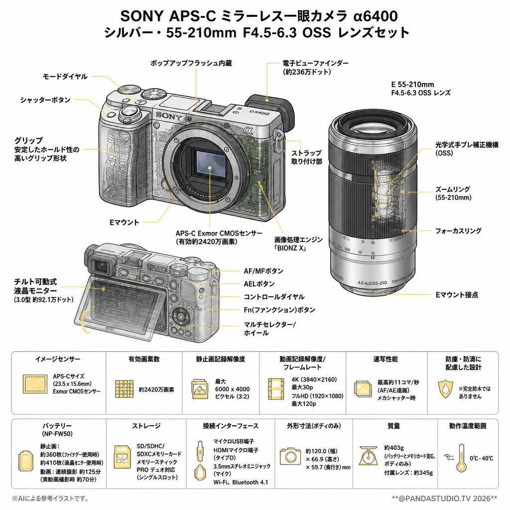 SONY APS-C ミラーレス一眼カメラ α6400 シルバー・55-210mm F4.5-6.3 OSS レンズセット スペック