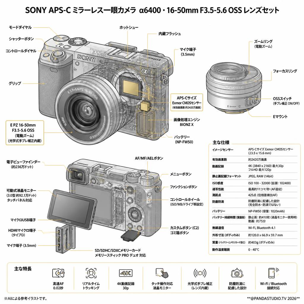 SONY APS-C ミラーレス一眼カメラ α6400・16-50mm F3.5-5.6 OSS レンズセット スペック