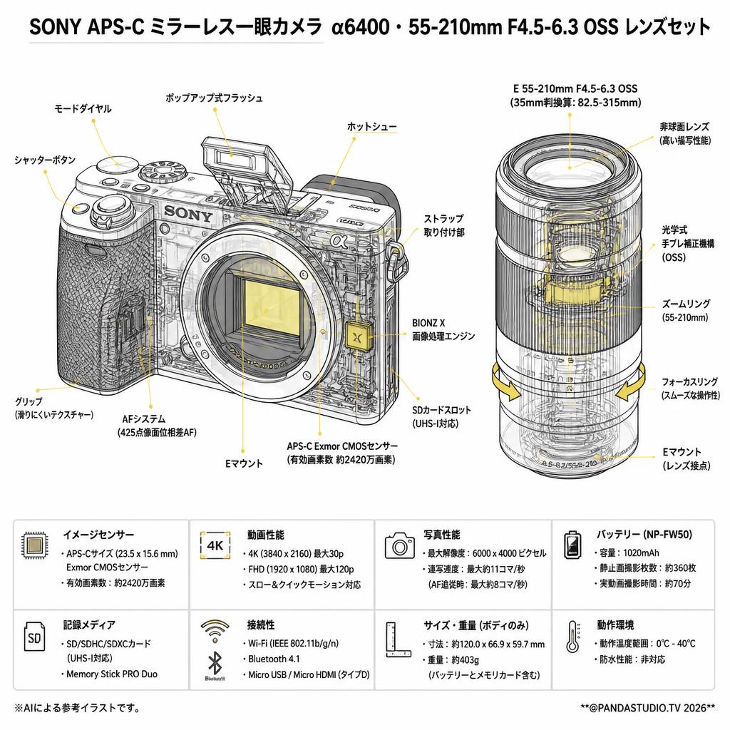 SONY APS-C ミラーレス一眼カメラ α6400・55-210mm F4.5-6.3 OSS レンズセット スペック