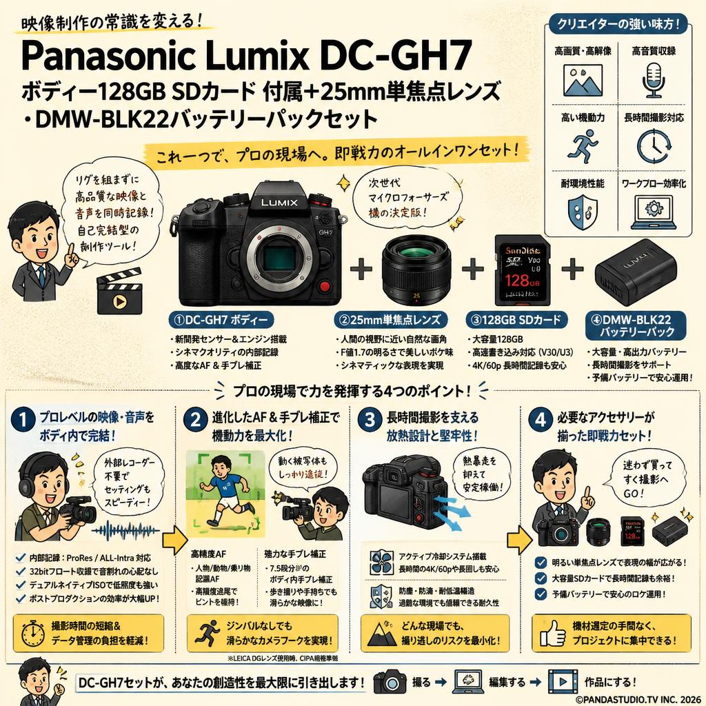 Panasonic Lumix DC-GH7ボディー128GB SDカード 付属＋25mm単焦点