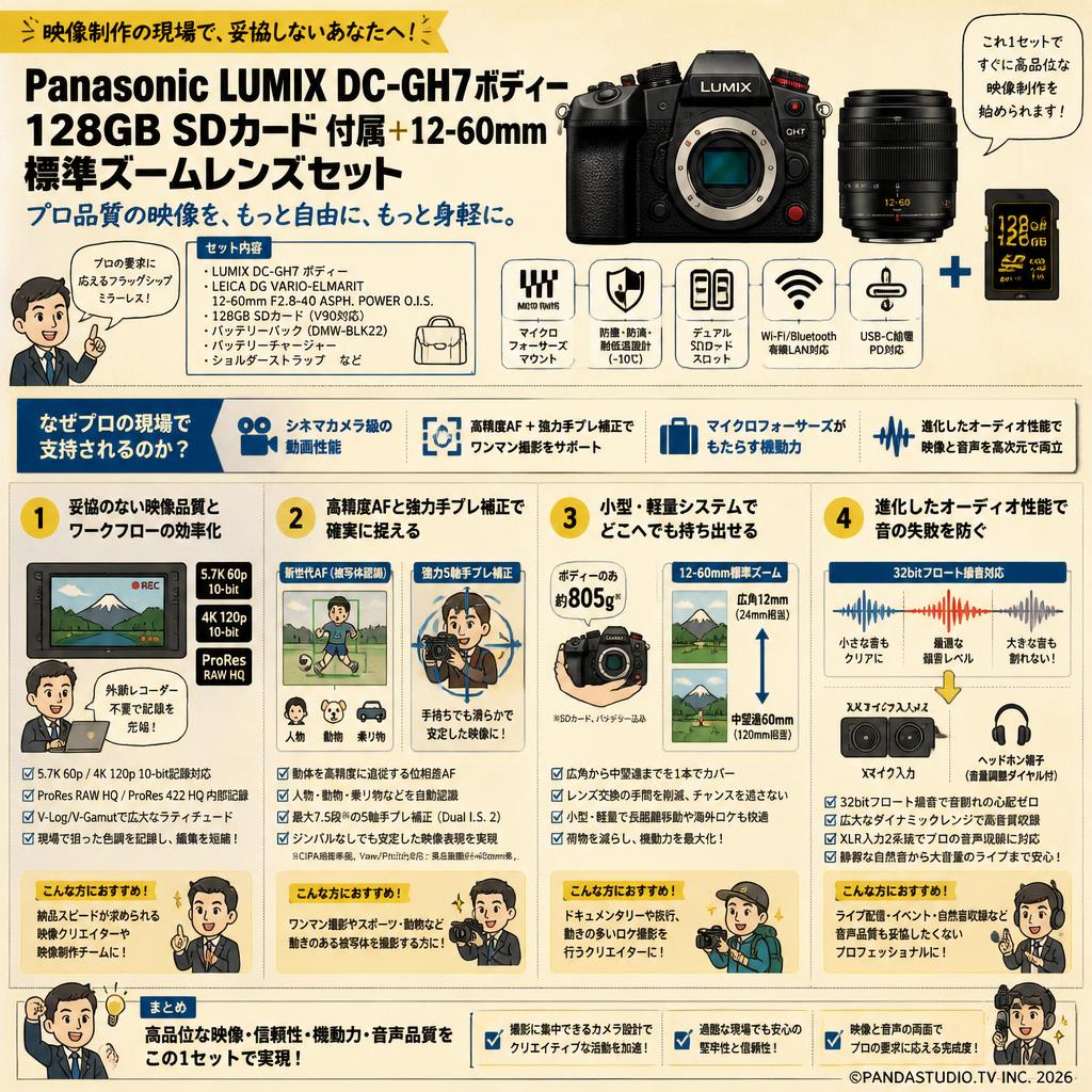 Panasonic Lumix DC-GH7ボディー128GB SDカード 付属＋12-60mm標準ズームレンズセット 概要