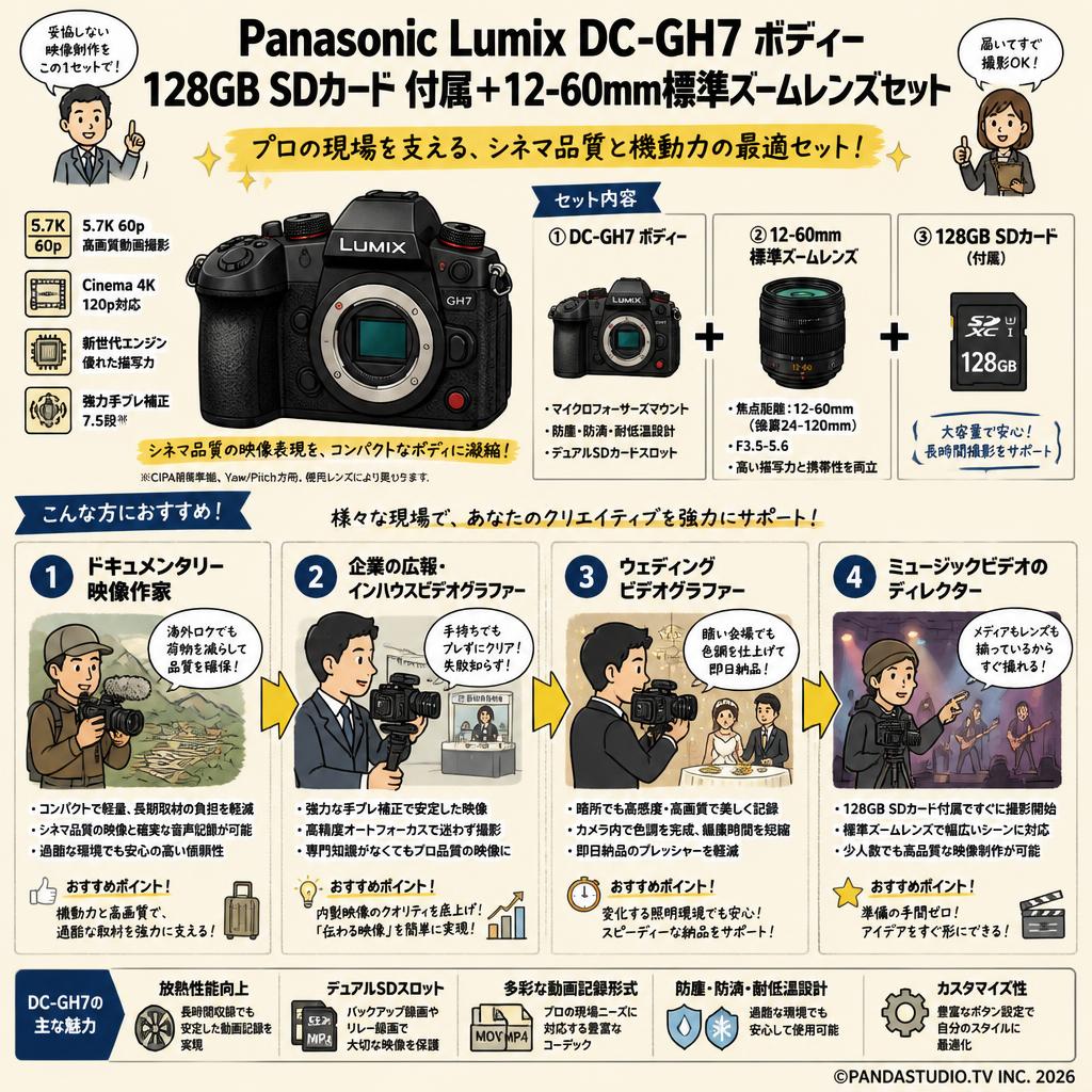 Panasonic Lumix DC-GH7ボディー128GB SDカード 付属＋12-60mm標準ズームレンズセット おもな対象のお客様