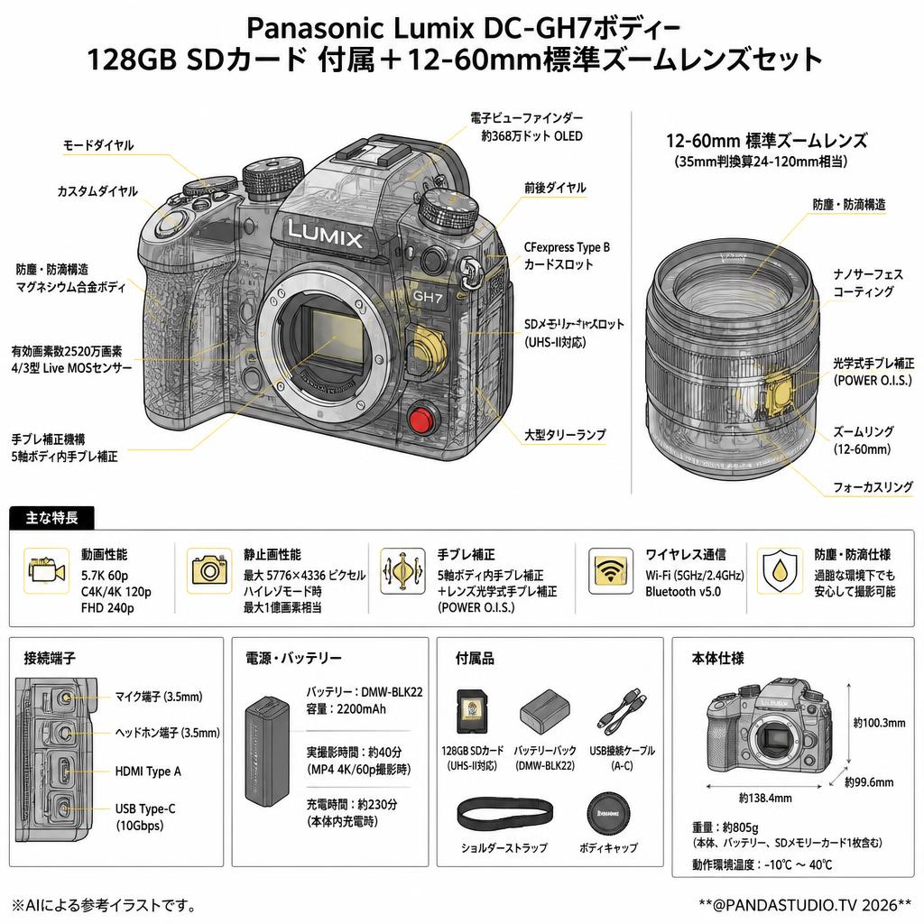 Panasonic Lumix DC-GH7ボディー128GB SDカード 付属＋12-60mm標準ズームレンズセット スペック