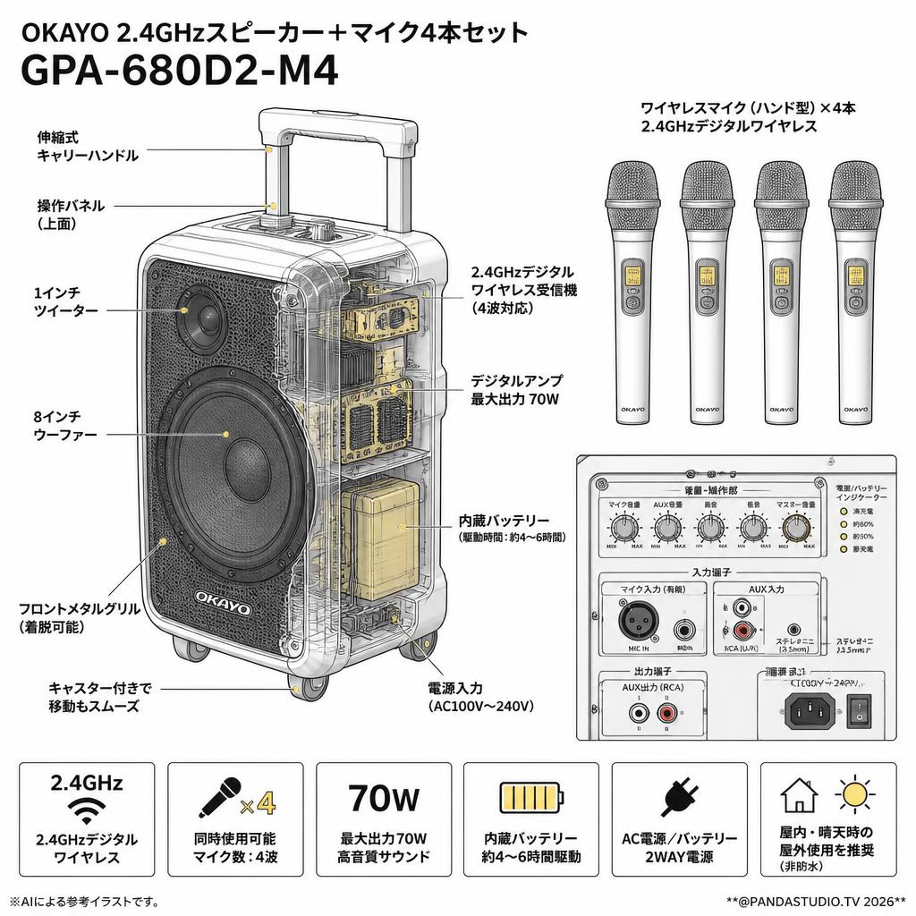 OKAYO 2.4GHzスピーカー+マイク4 本セット GPA-680D2-M4 スペック