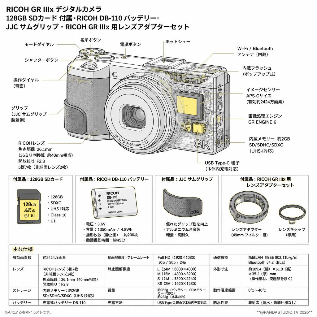 RICOH GR IIIx デジタルカメラ 128GB SDカード 付属・RICOH DB-110 バッテリー・JJC サムグリップ・RICOH GR IIIx 用レンズアダプターセット スペック