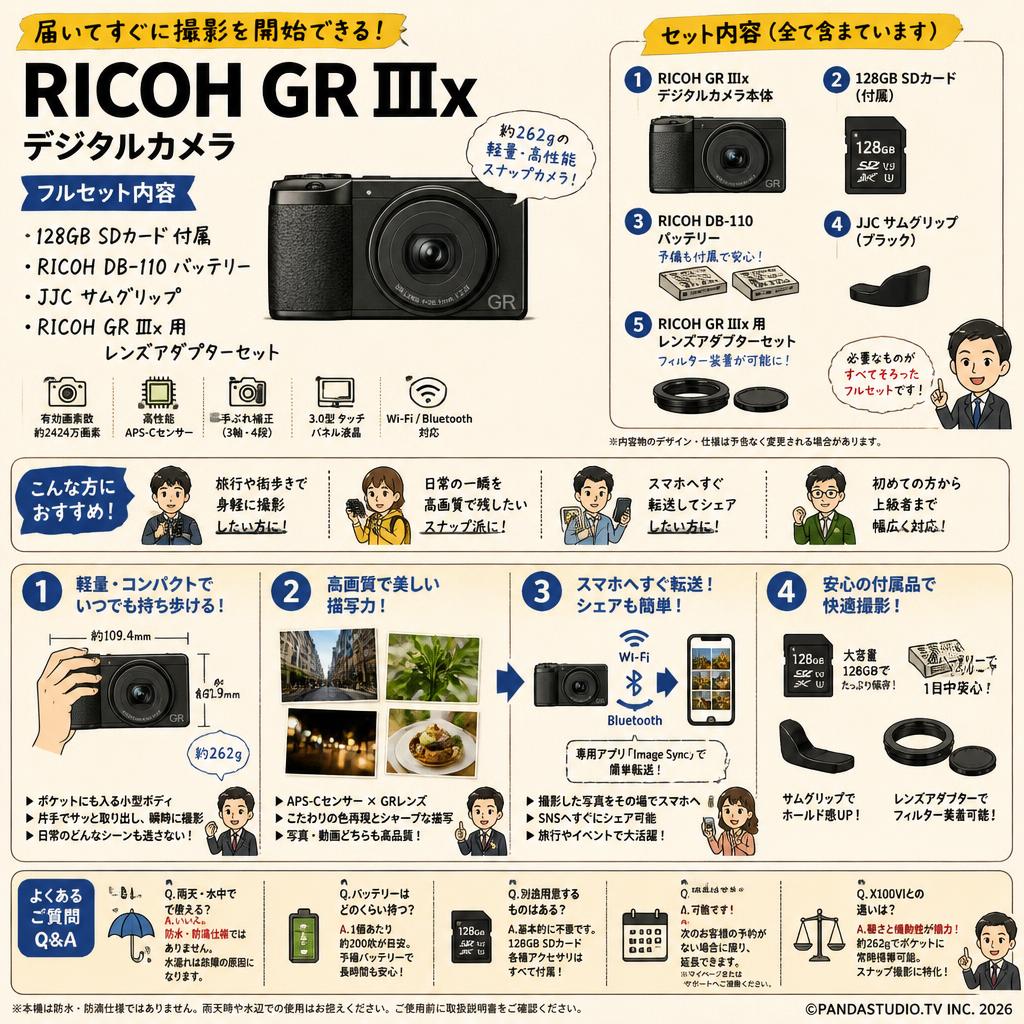 RICOH GR IIIx デジタルカメラ 128GB SDカード 付属・RICOH DB-110 バッテリー・JJC サムグリップ・RICOH GR IIIx 用レンズアダプターセット FAQ（よくある質問と答え）