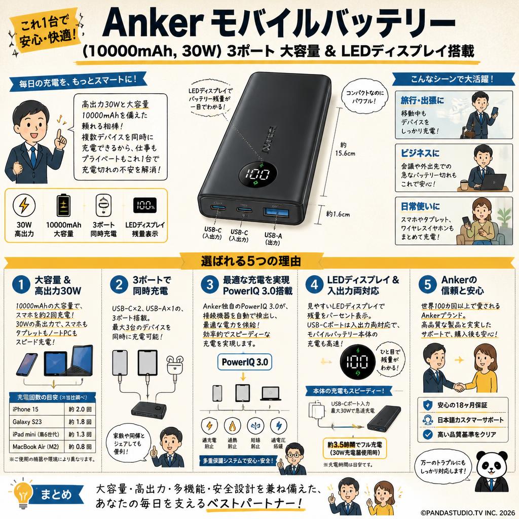 Anker Power Bank (10000mAh, 30W) (モバイルバッテリー 10000mAh 30W出力 3ポート 大容量 LEDディスプレイ搭載) 概要