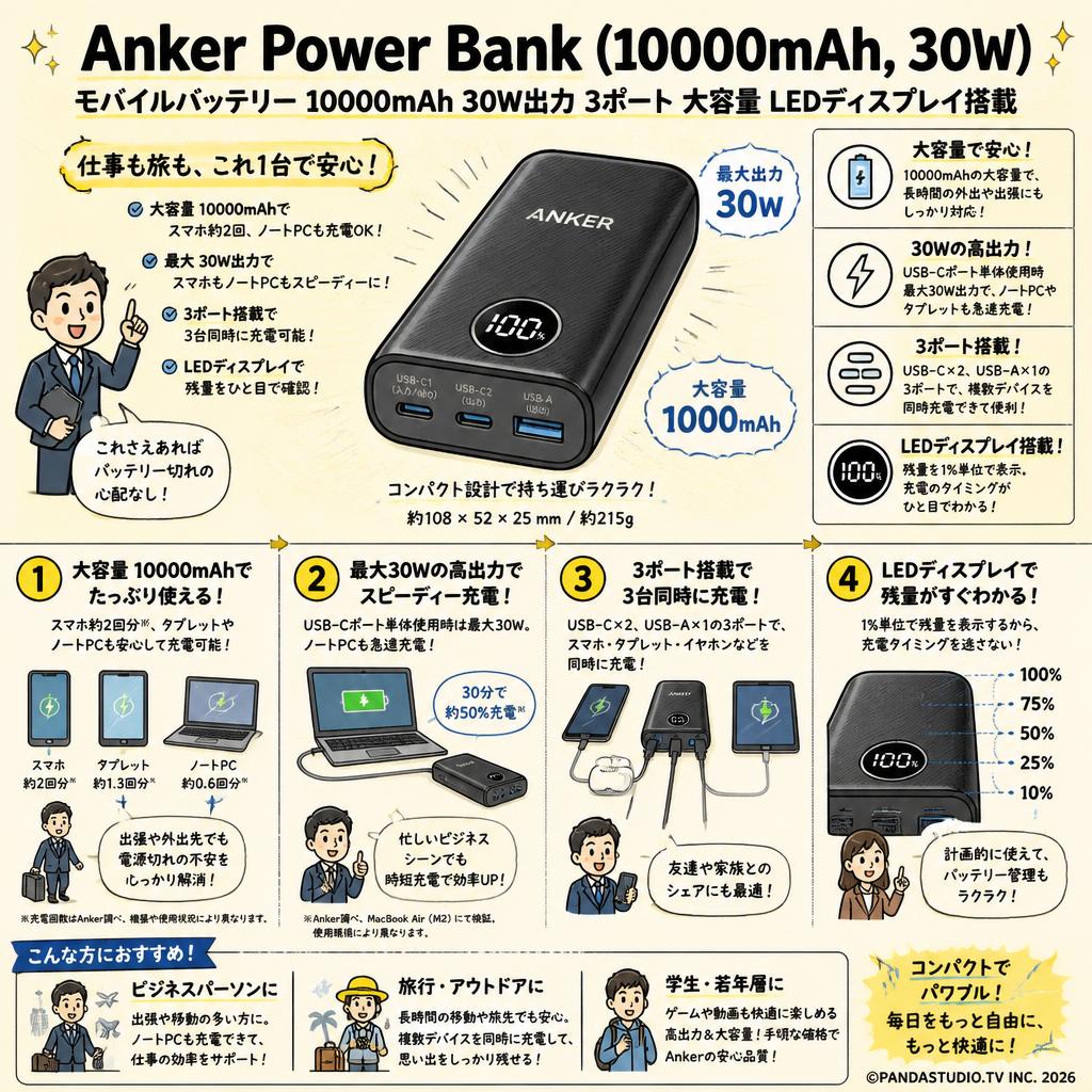 Anker Power Bank (10000mAh, 30W) (モバイルバッテリー 10000mAh 30W出力 3ポート 大容量 LEDディスプレイ搭載) おもな対象のお客様