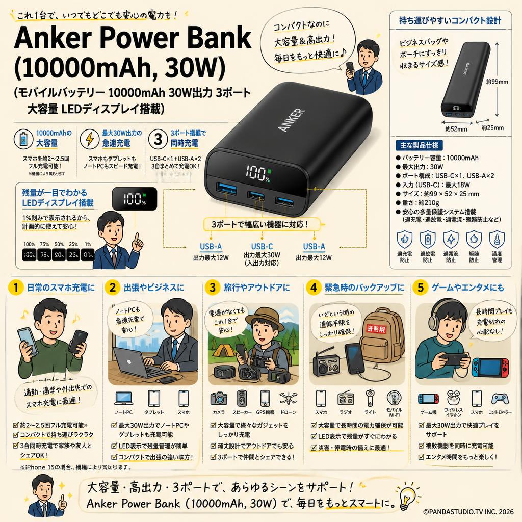 Anker Power Bank (10000mAh, 30W) (モバイルバッテリー 10000mAh 30W出力 3ポート 大容量 LEDディスプレイ搭載) 用途