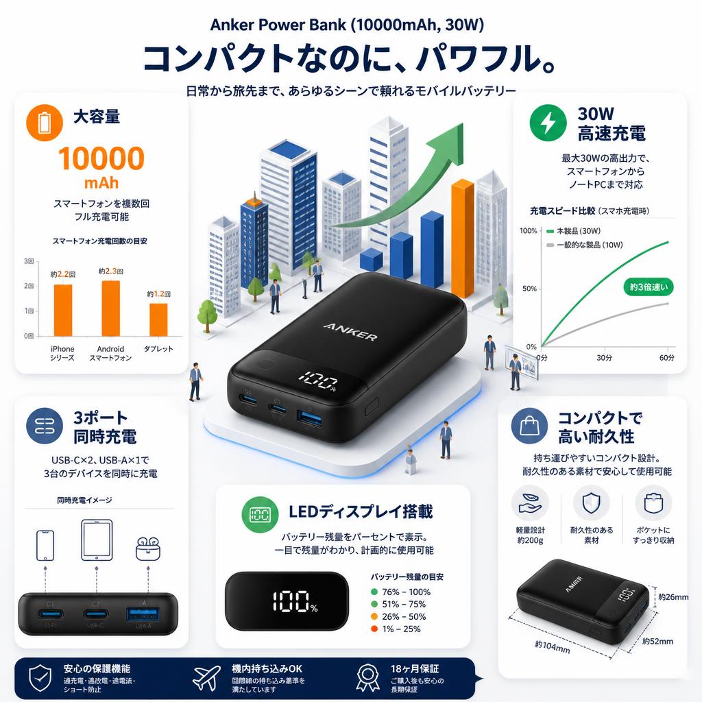 Anker Power Bank (10000mAh, 30W) (モバイルバッテリー 10000mAh 30W出力 3ポート 大容量 LEDディスプレイ搭載) セールスポイント