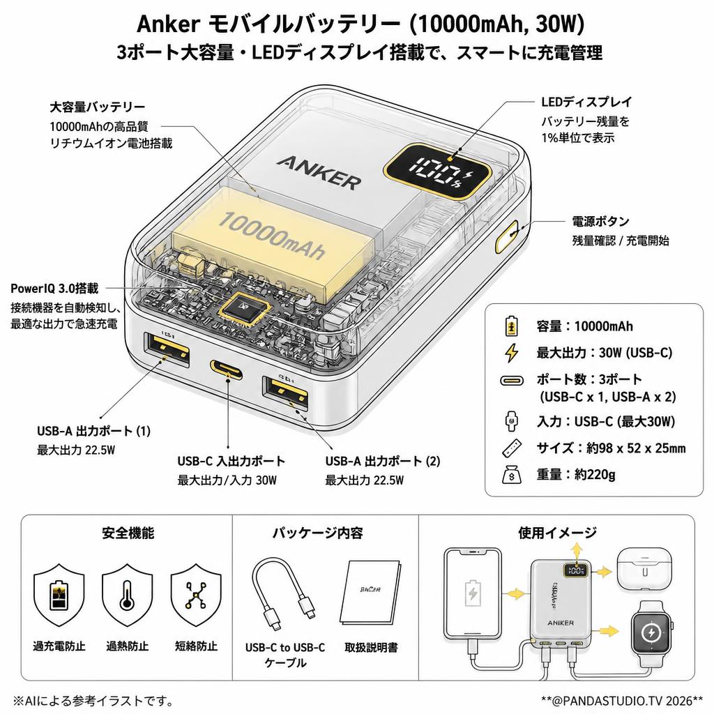 Anker Power Bank (10000mAh, 30W) (モバイルバッテリー 10000mAh 30W出力 3ポート 大容量 LEDディスプレイ搭載) スペック