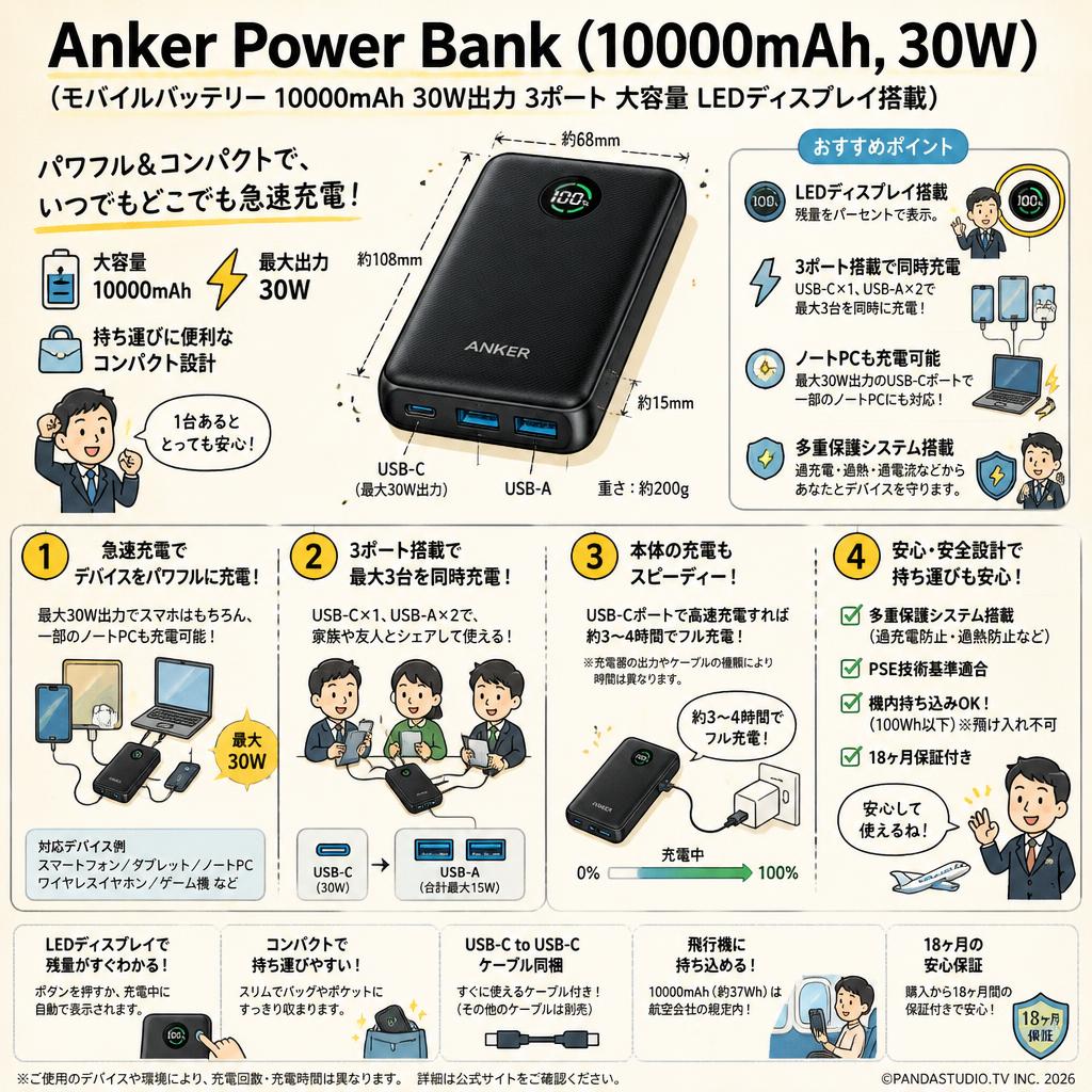 Anker Power Bank (10000mAh, 30W) (モバイルバッテリー 10000mAh 30W出力 3ポート 大容量 LEDディスプレイ搭載) FAQ（よくある質問と答え）