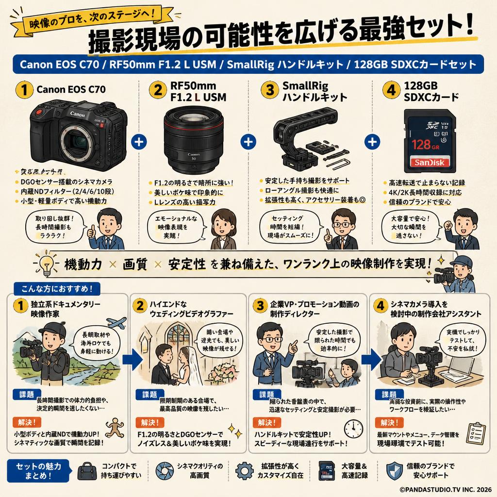 Canon EOS C70 / RF50mm F1.2 L USM /SmallRig ハンドルキット/  128GB SDXCカードセット おもな対象のお客様