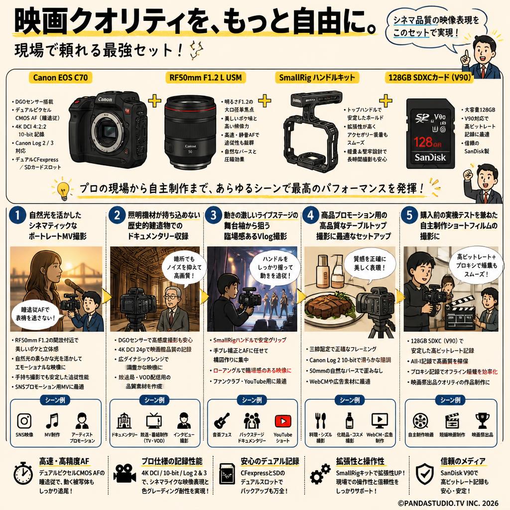 Canon EOS C70 / RF50mm F1.2 L USM /SmallRig ハンドルキット/  128GB SDXCカードセット 用途