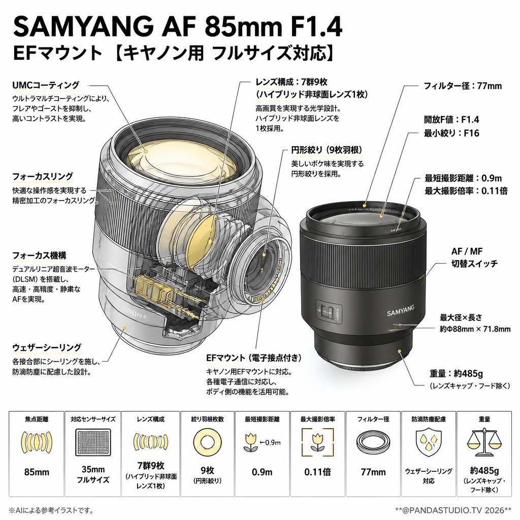 SAMYANG AF 85mm F1.4 EFマウント【キヤノン用 フルサイズ対応】 スペック