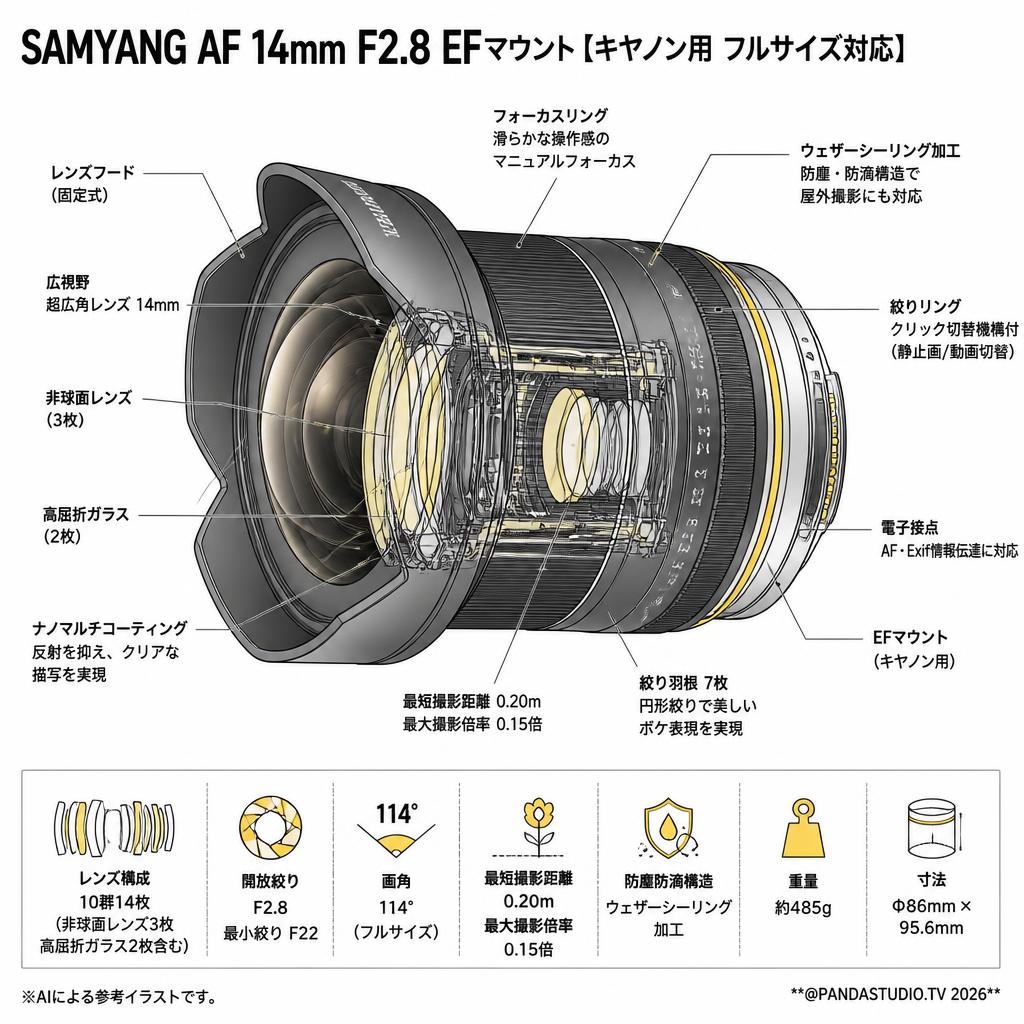 SAMYANG AF 14mm F2.8 EFマウント【キヤノン用 フルサイズ対応】 スペック