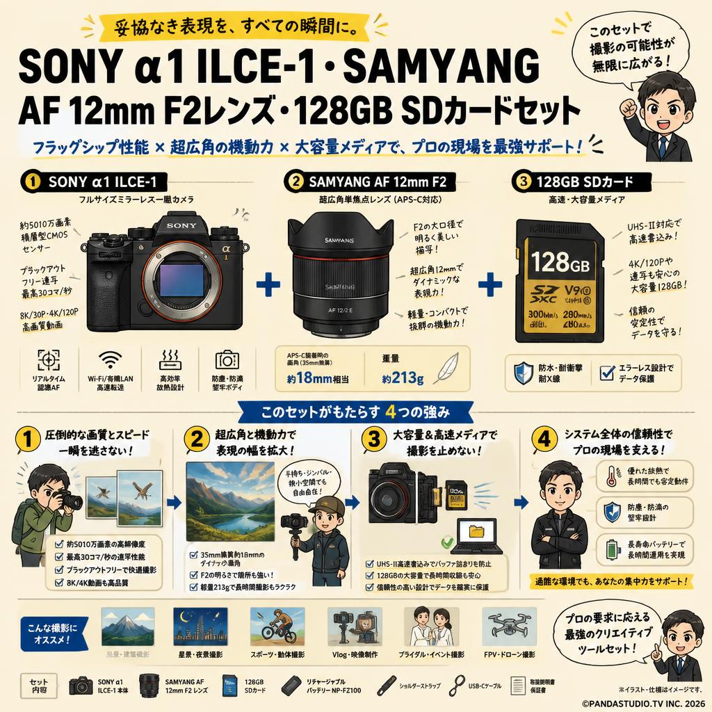 SONY α1 ILCE-1・SAMYANG AF 12mm F2レンズ・128GB SDカードセット 概要