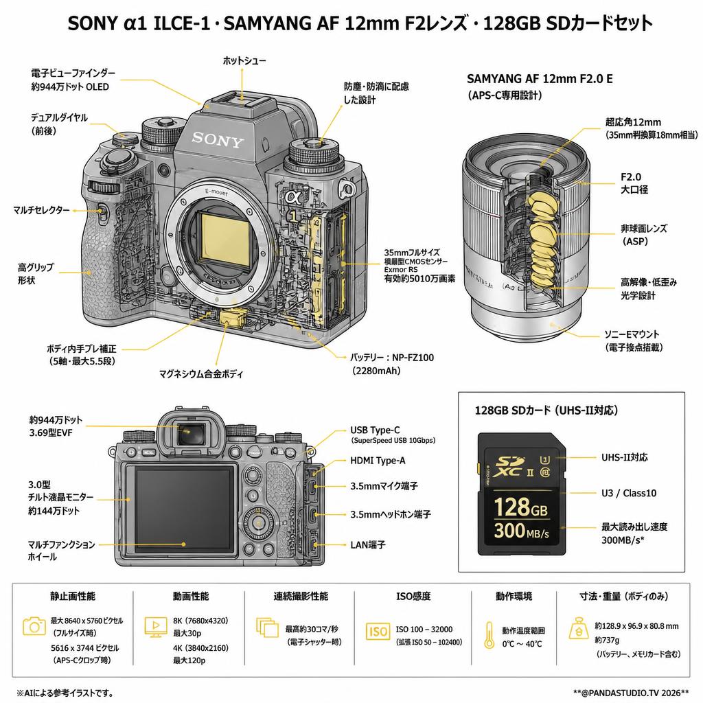 SONY α1 ILCE-1・SAMYANG AF 12mm F2レンズ・128GB SDカードセット スペック
