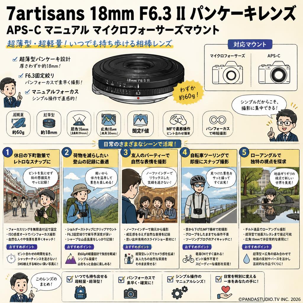 7artisans 18mm F6.3 II パンケーキレンズ  APS-C マニュアル マイクロフォーサーズマウント 用途