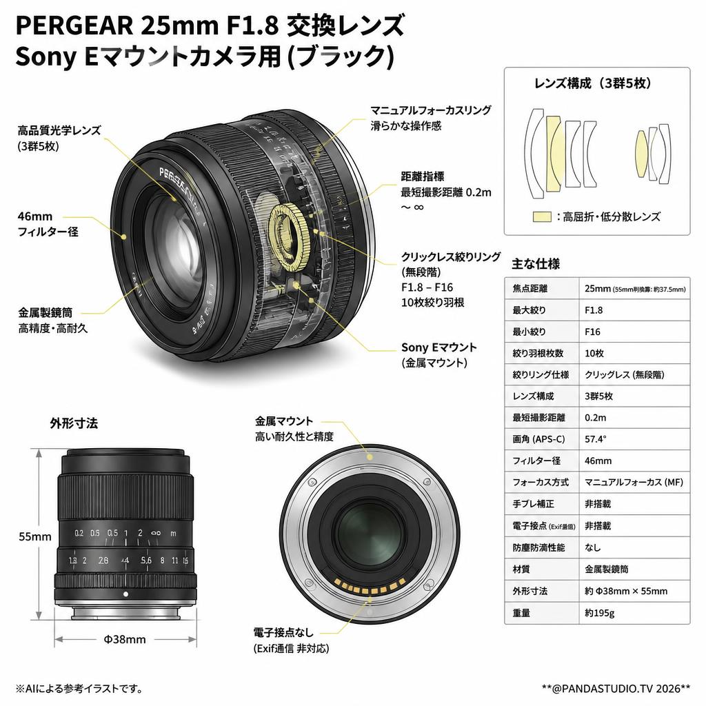 PERGEAR 25mm F1.8 交換レンズ Sony Eマウントカメラ用 (ブラック) スペック