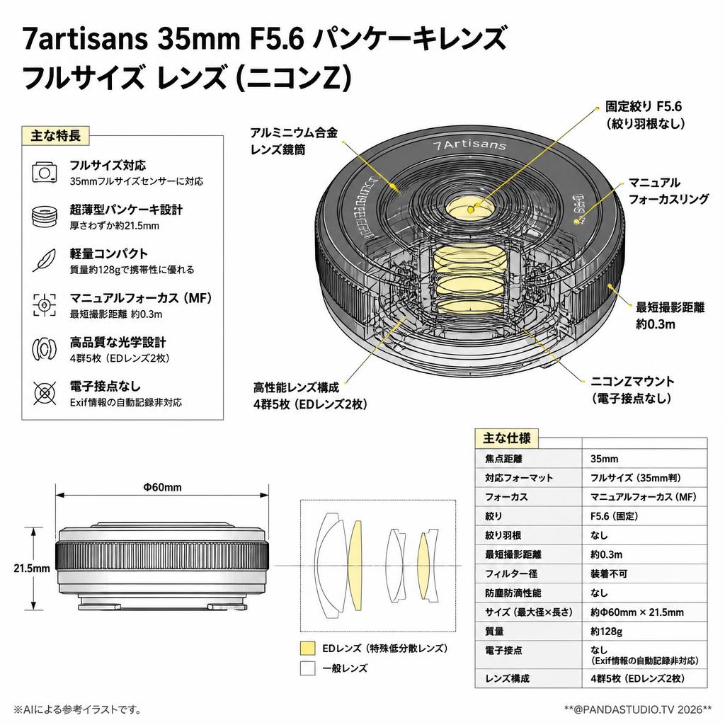7artisans 35mm F5.6 パンケーキレンズ フルサイズ レンズ (ニコンZ) スペック
