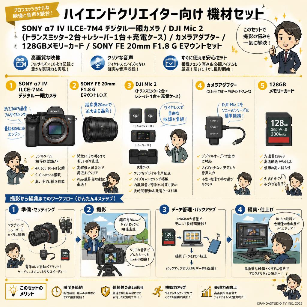 SONY α7 IV ILCE-7M4 デジタル一眼カメラ/DJI Mic 2 (トランスミッター2台 + レシーバー1台 + 充電ケース) /カメラアダプター/128GBメモリーカード/SONY FE 20mm F1.8 G Eマウントセット 概要