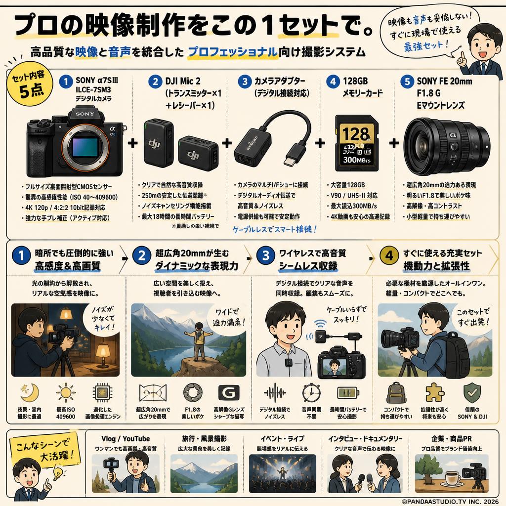 SONYα7SⅢ ILCE-7SM3デジタルカメラ/ DJI Mic 2 (トランスミッター×1+ レシーバー×1) /カメラアダプター/128GBメモリーカード/SONY FE 20mm F1.8 G Eマウントセット 概要