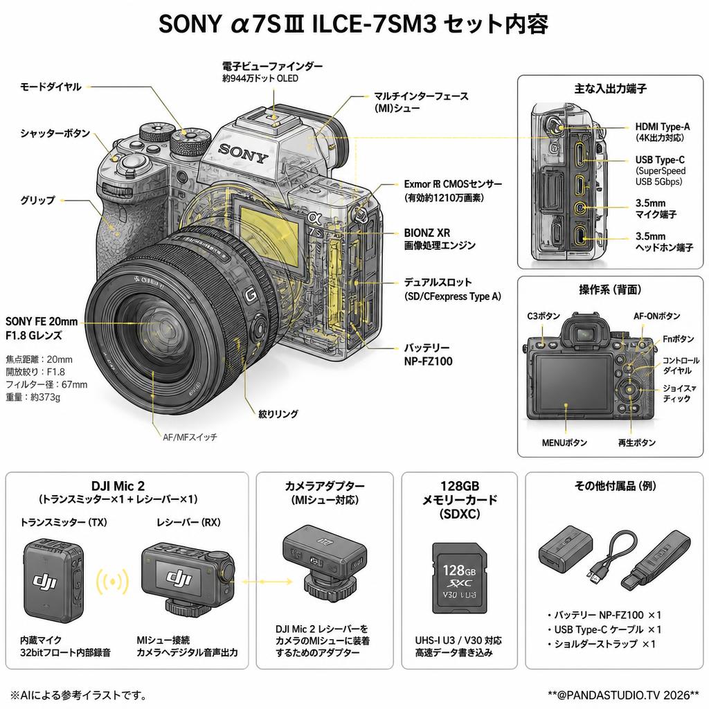 SONYα7SⅢ ILCE-7SM3デジタルカメラ/ DJI Mic 2 (トランスミッター×1+ レシーバー×1) /カメラアダプター/128GBメモリーカード/SONY FE 20mm F1.8 G Eマウントセット スペック