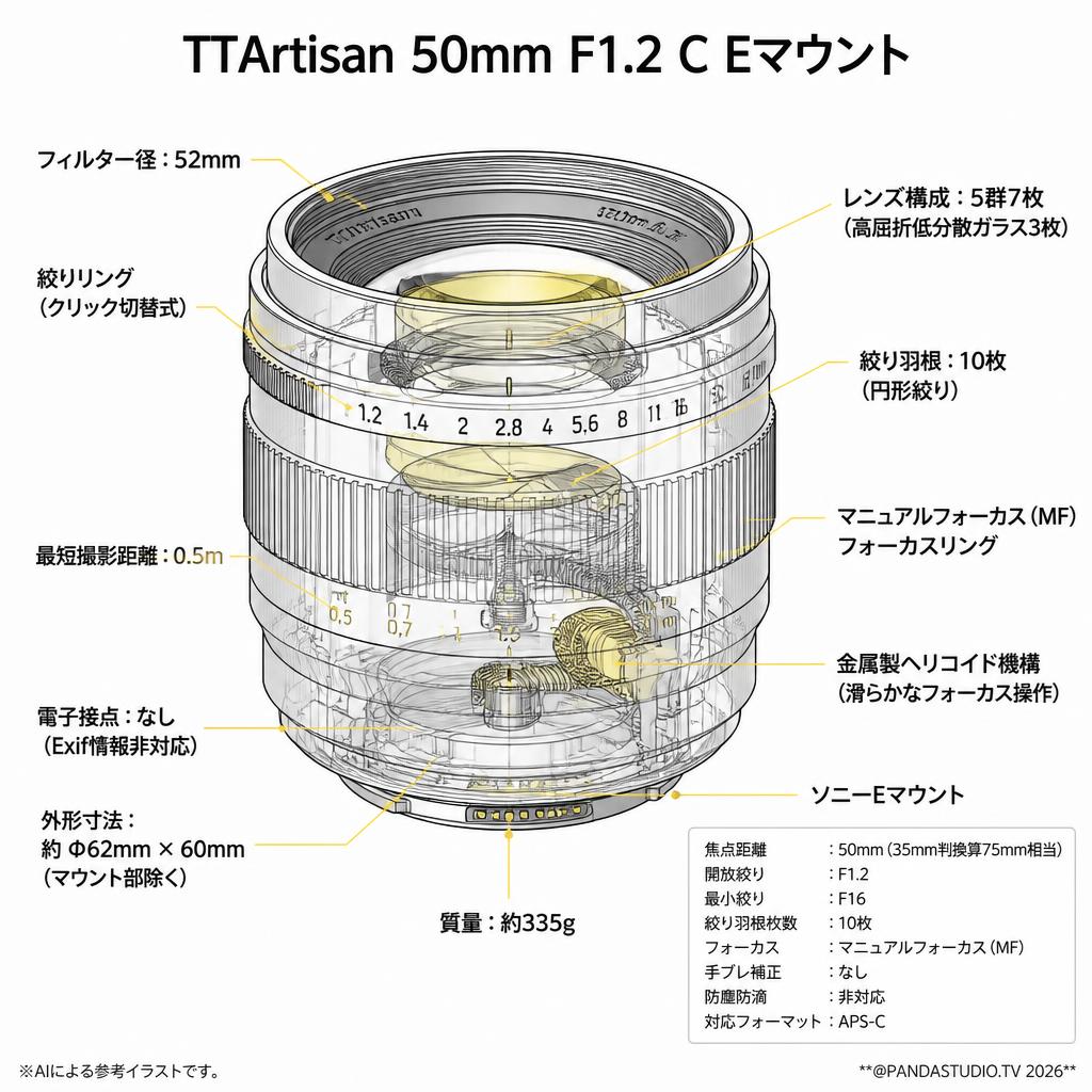 TTArtisan 50mm F1.2 C Eマウント スペック