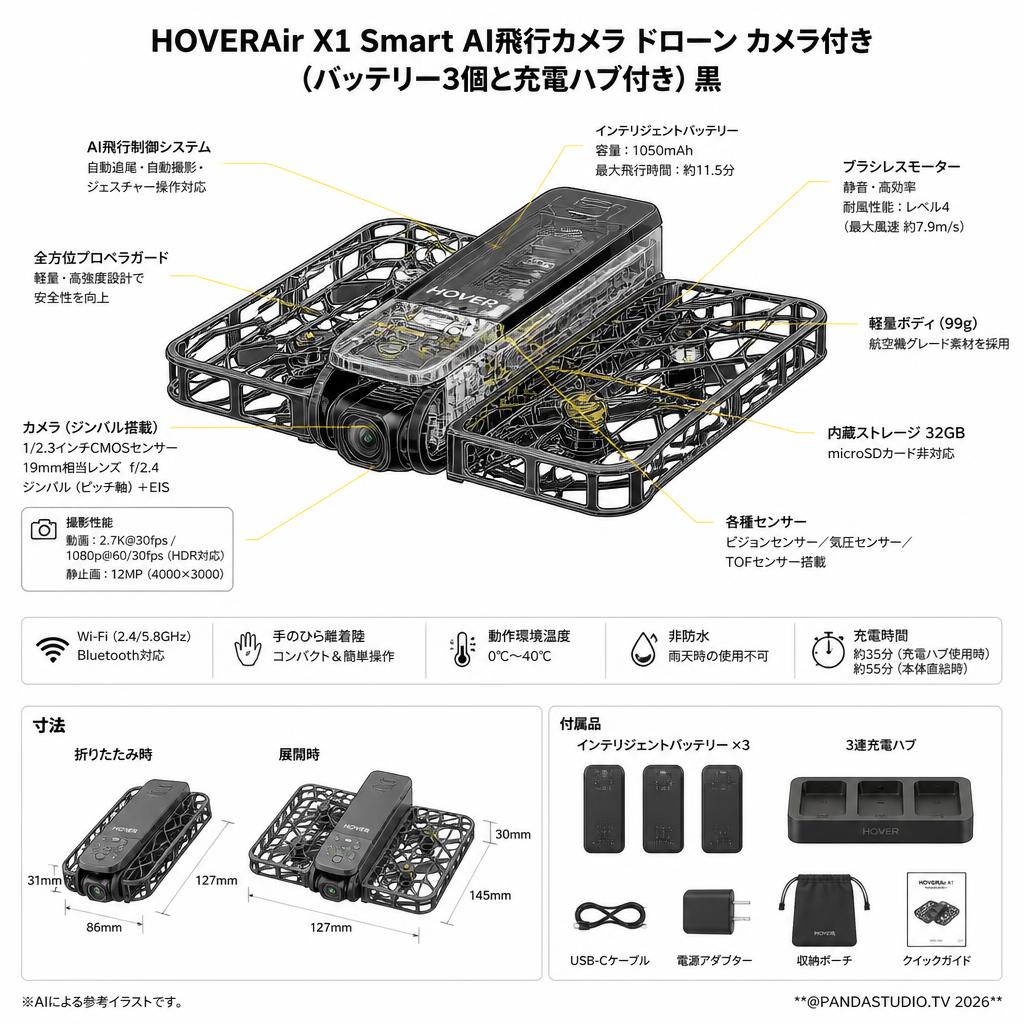 HOVERAir X1 Smart AI飛行カメラ ドローン カメラ付き (バッテリー3個と充電ハブ付き) 黒 スペック