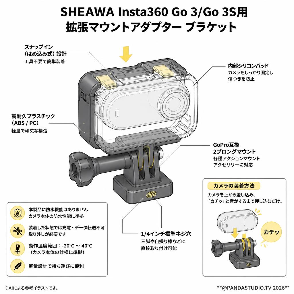 SHEAWA Insta360 Go 3/Go 3S用 拡張マウントアダプター ブラケット スペック