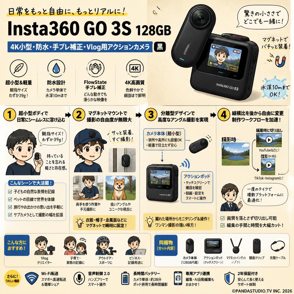 Insta360 GO 3S 128GB 【4K小型・防水・手ブレ補正・Vlog用アクションカメラ】黒 概要