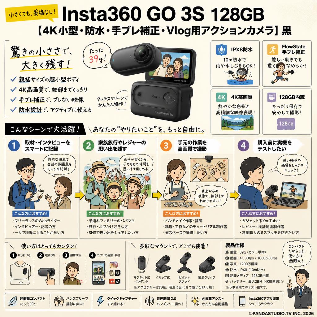 Insta360 GO 3S 128GB 【4K小型・防水・手ブレ補正・Vlog用アクションカメラ】黒 おもな対象のお客様