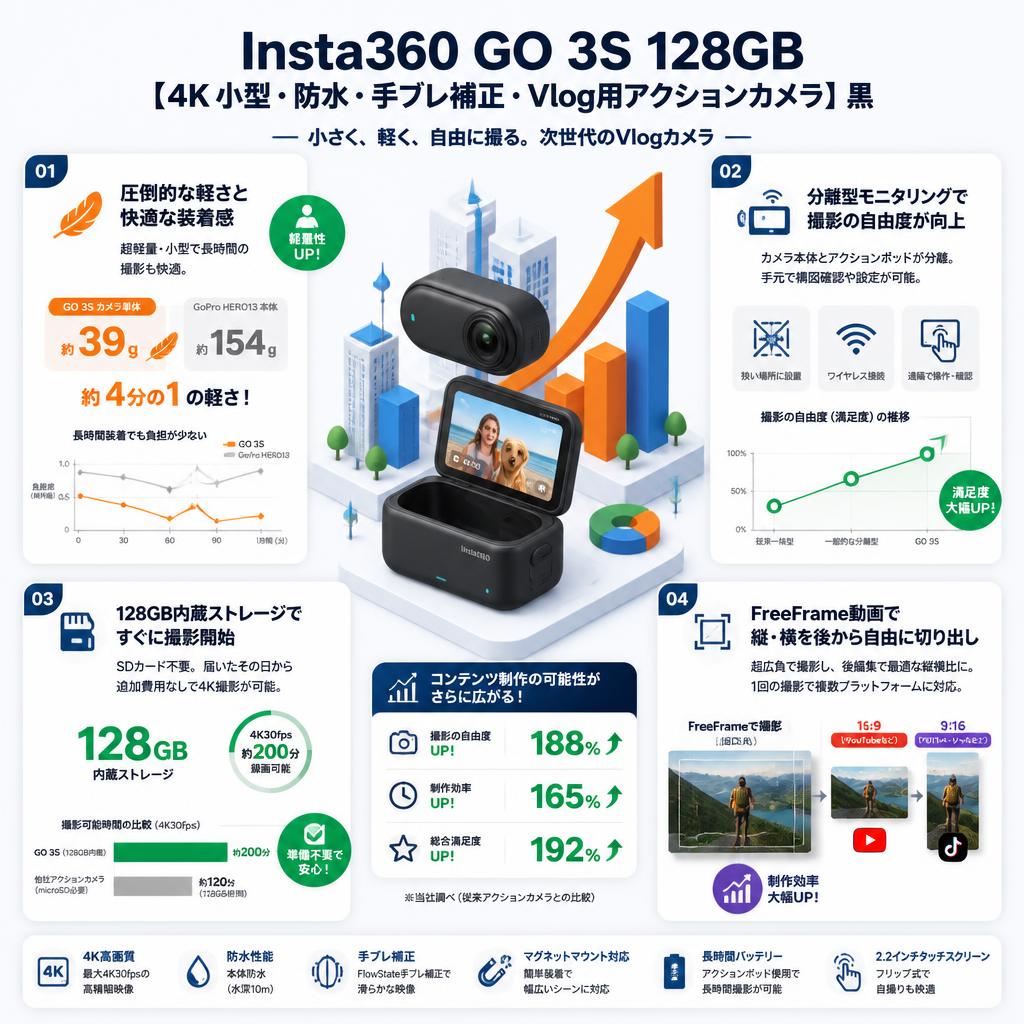 Insta360 GO 3S 128GB 【4K小型・防水・手ブレ補正・Vlog用アクションカメラ】黒 セールスポイント