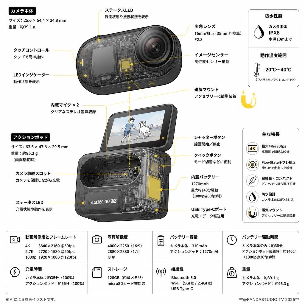 Insta360 GO 3S 128GB 【4K小型・防水・手ブレ補正・Vlog用アクションカメラ】黒 スペック