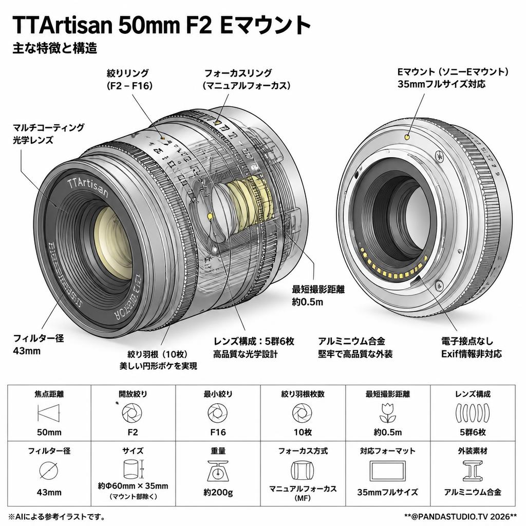 TTArtisan 50mm F2 Eマウント スペック