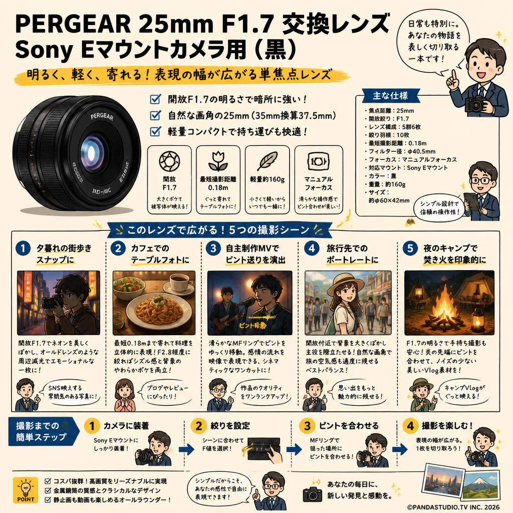 PERGEAR 25mm F1.7 交換レンズ  Sony Eマウントカメラ用 (黒) 用途