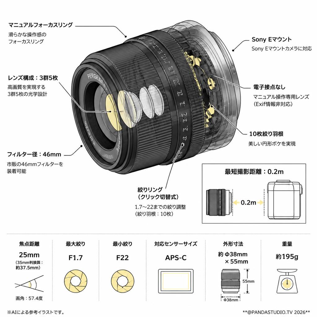 PERGEAR 25mm F1.7 交換レンズ  Sony Eマウントカメラ用 (黒) スペック