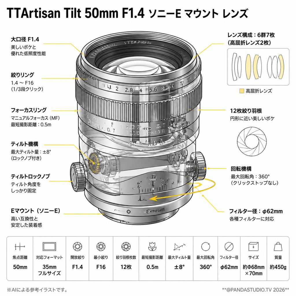TTArtisan Tilt 50mm F1.4 ソニーE マウント レンズ スペック