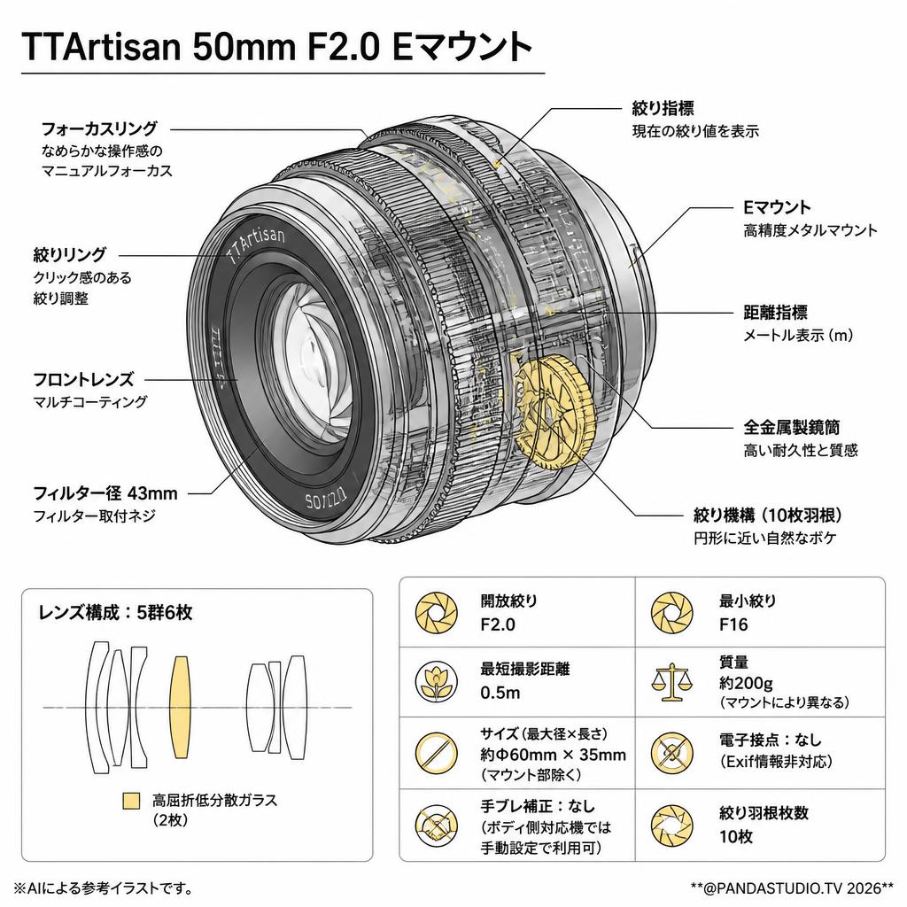 TTArtisan 50mm F2.0 Eマウント スペック