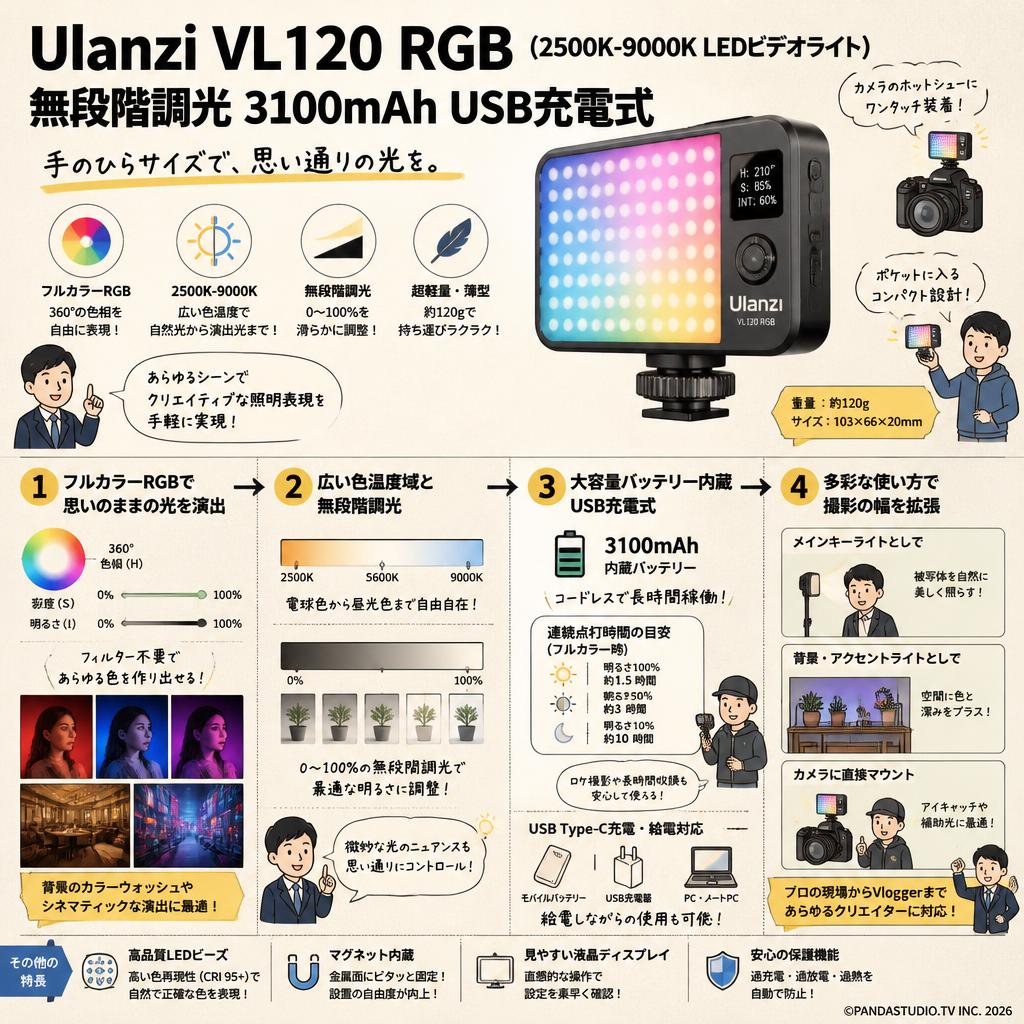 Ulanzi VL120 RGB(2500K-9000KLEDビデオライト ) 無段階調光 3100mAh USB充電式 概要
