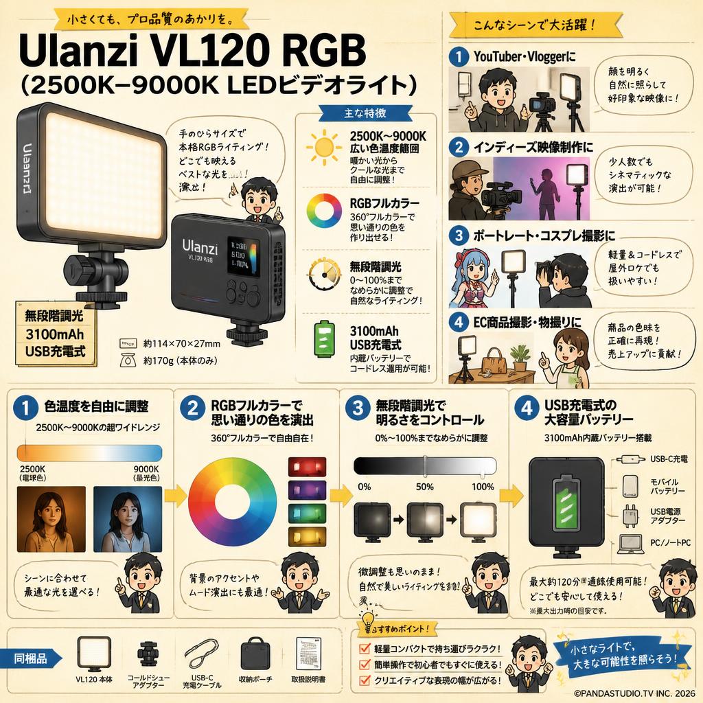 Ulanzi VL120 RGB(2500K-9000KLEDビデオライト ) 無段階調光 3100mAh USB充電式 おもな対象のお客様
