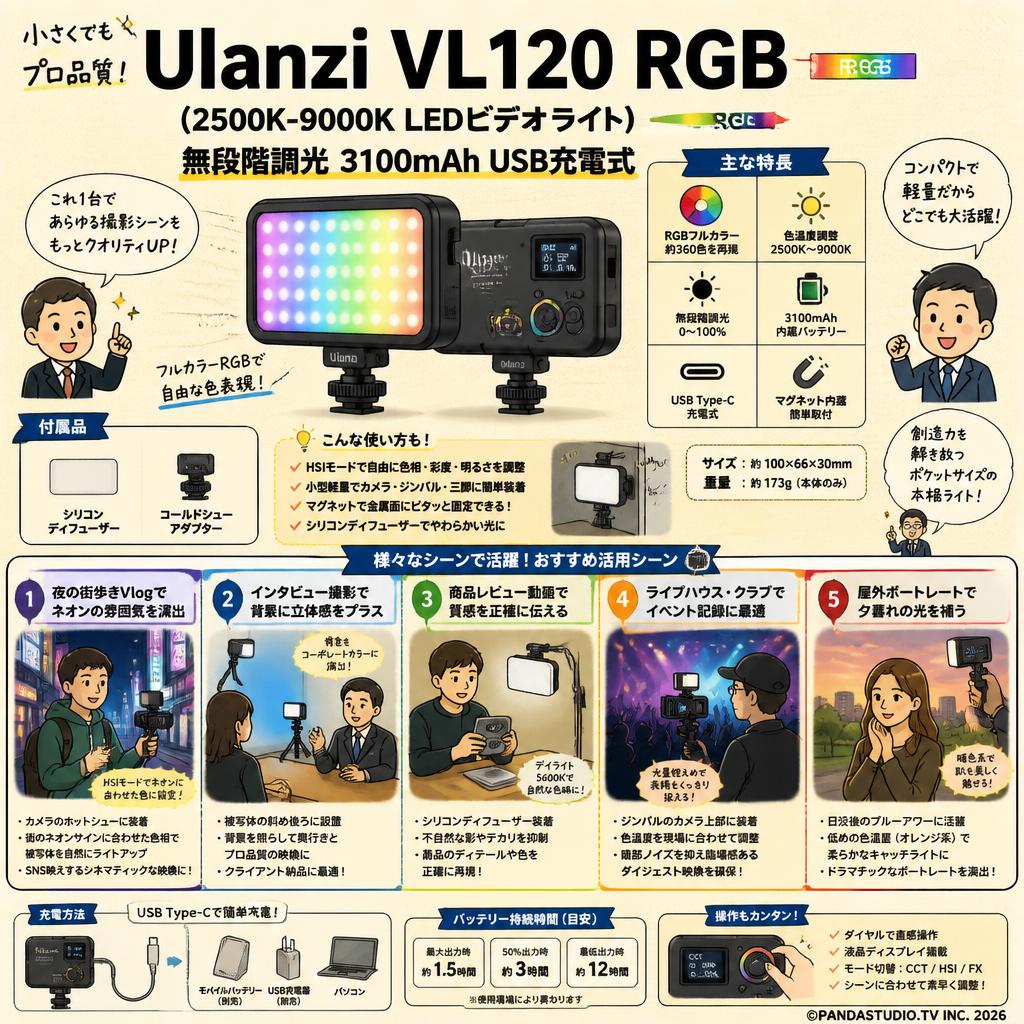 Ulanzi VL120 RGB(2500K-9000KLEDビデオライト ) 無段階調光 3100mAh USB充電式 用途