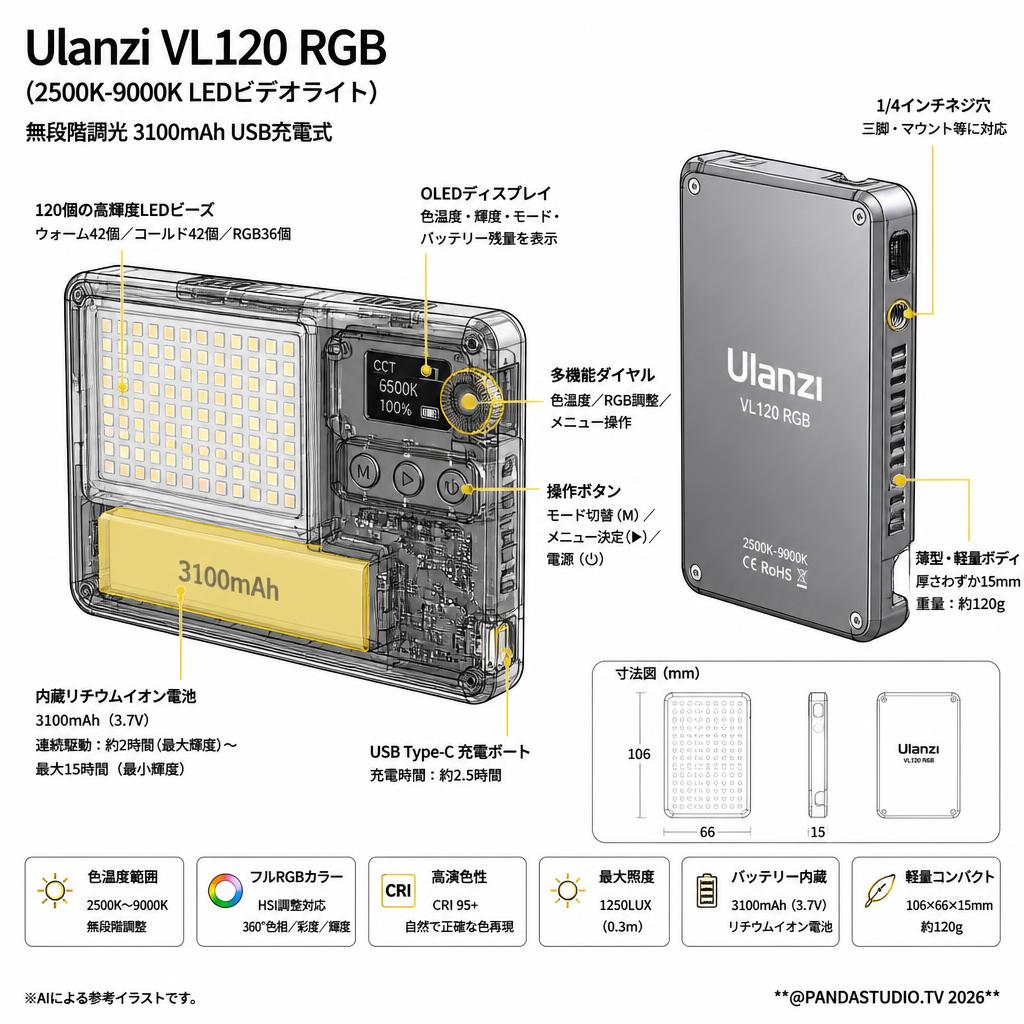 Ulanzi VL120 RGB(2500K-9000KLEDビデオライト ) 無段階調光 3100mAh USB充電式 スペック