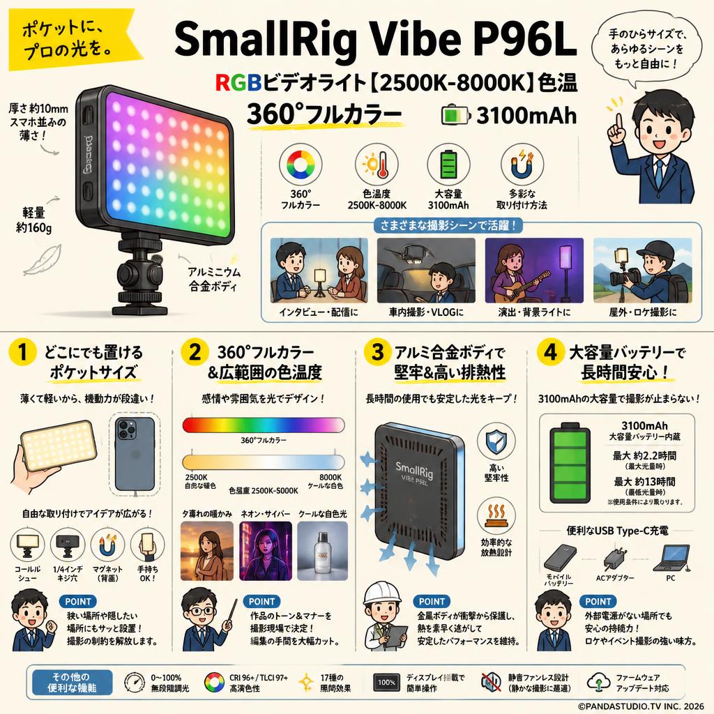 SmallRig Vibe P96L RGBビデオライト【2500K-8000K】色温 360°フルカラー 3100mAh 概要