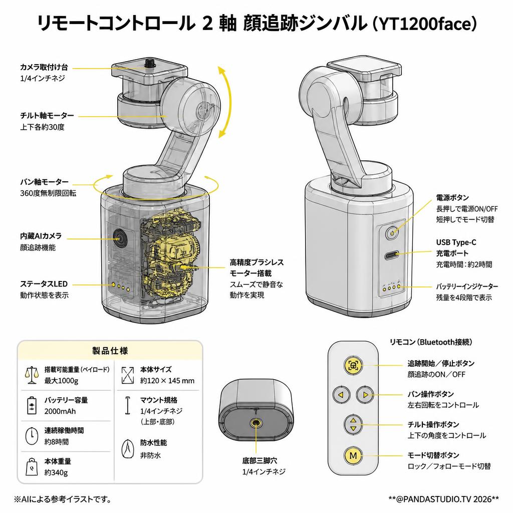 リモートコントロール 2 軸 顔追跡ジンバル(YT1200face) スペック