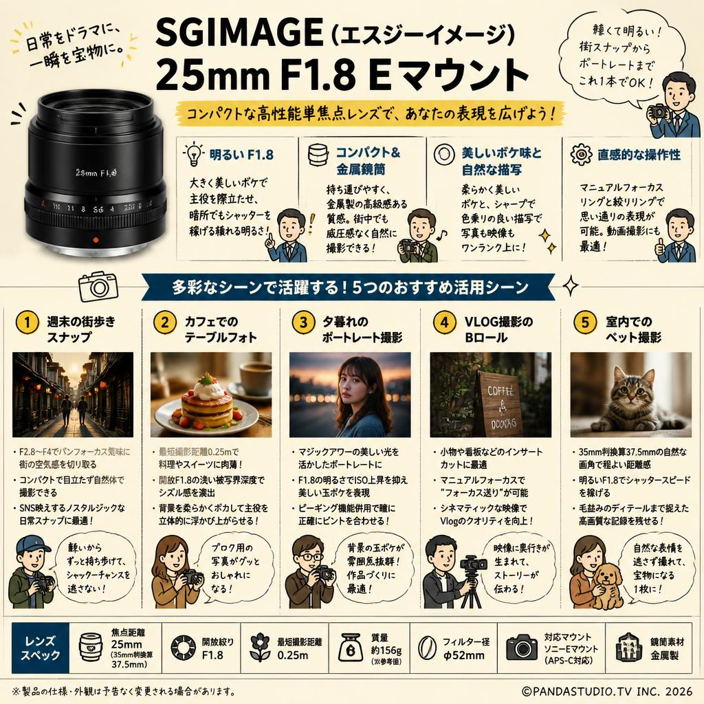 SGIMAGE（エスジーイメージ） 25mm F1.8 Eマウント 用途